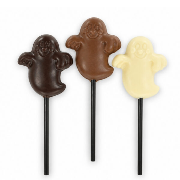 Ghost shaped lollipops made from either milk, white or dark Belgian chocolate