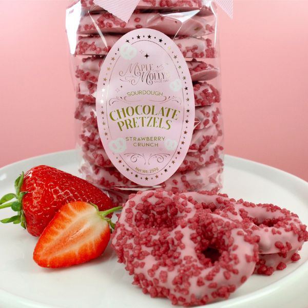Strawberry chocolate covered pretzels with strawberry crunch