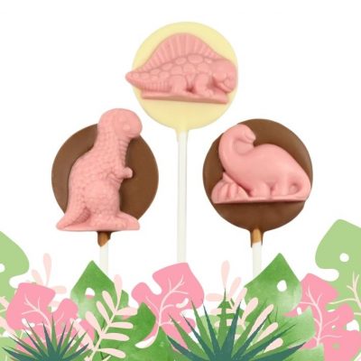 Pink chocolate dinosaur lollipops party favours