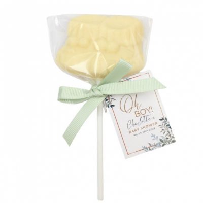 Baby Bootee Chocolate Lollipops Milk White Dark Strawberry chocolate personalised party baby shower favours