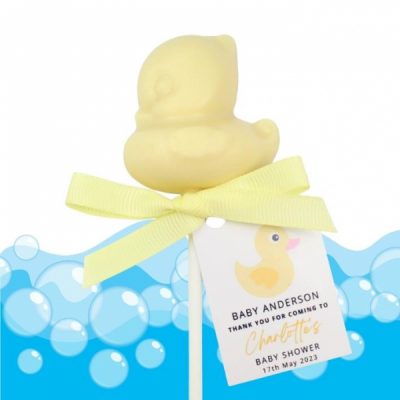 Baby Duck chocolate lollipops personalised party favours