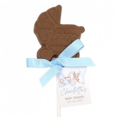 Pram chocolate lollipops personalised baby shower favours