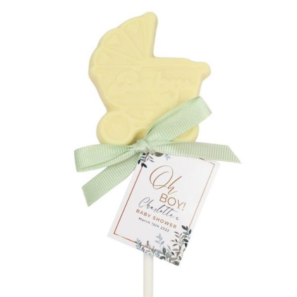 Pram chocolate lollipops personalised baby shower favours