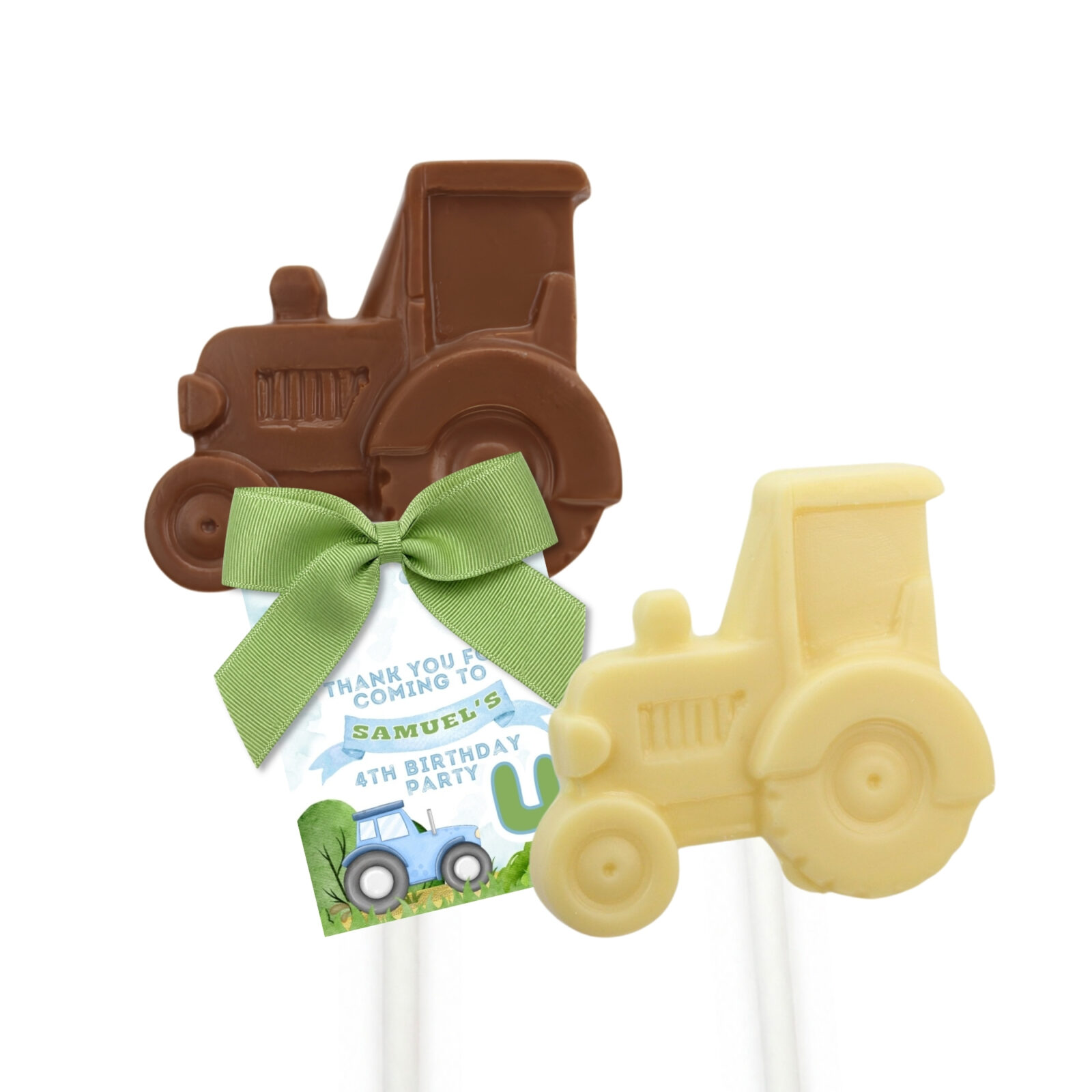 Tractor shaped chocolate lollipops