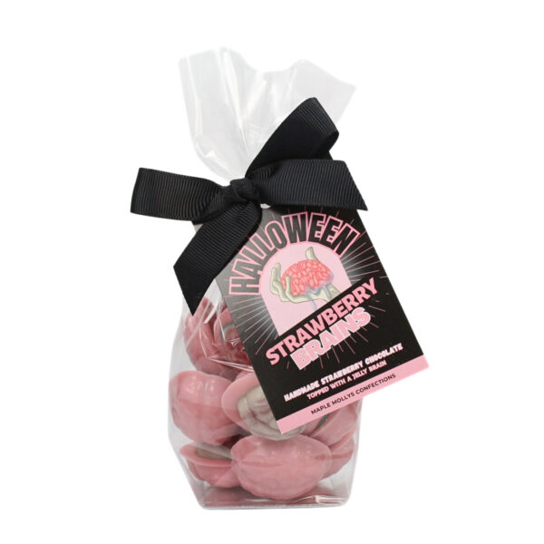 Strawberry chocolate jelly brains gift bag containing twelve delicious solid strawberry chocolate shaped brains topped with a fruity jelly brain