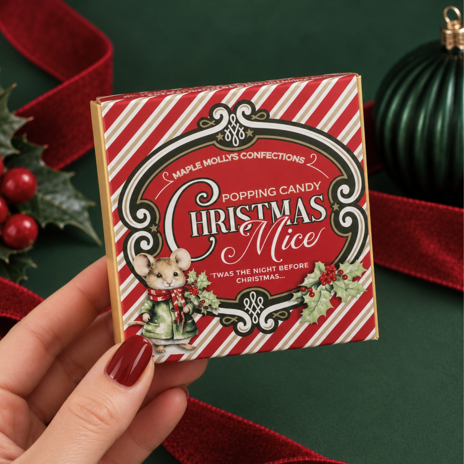 Milk chocolate mice with popping candy in a Christmas gift box