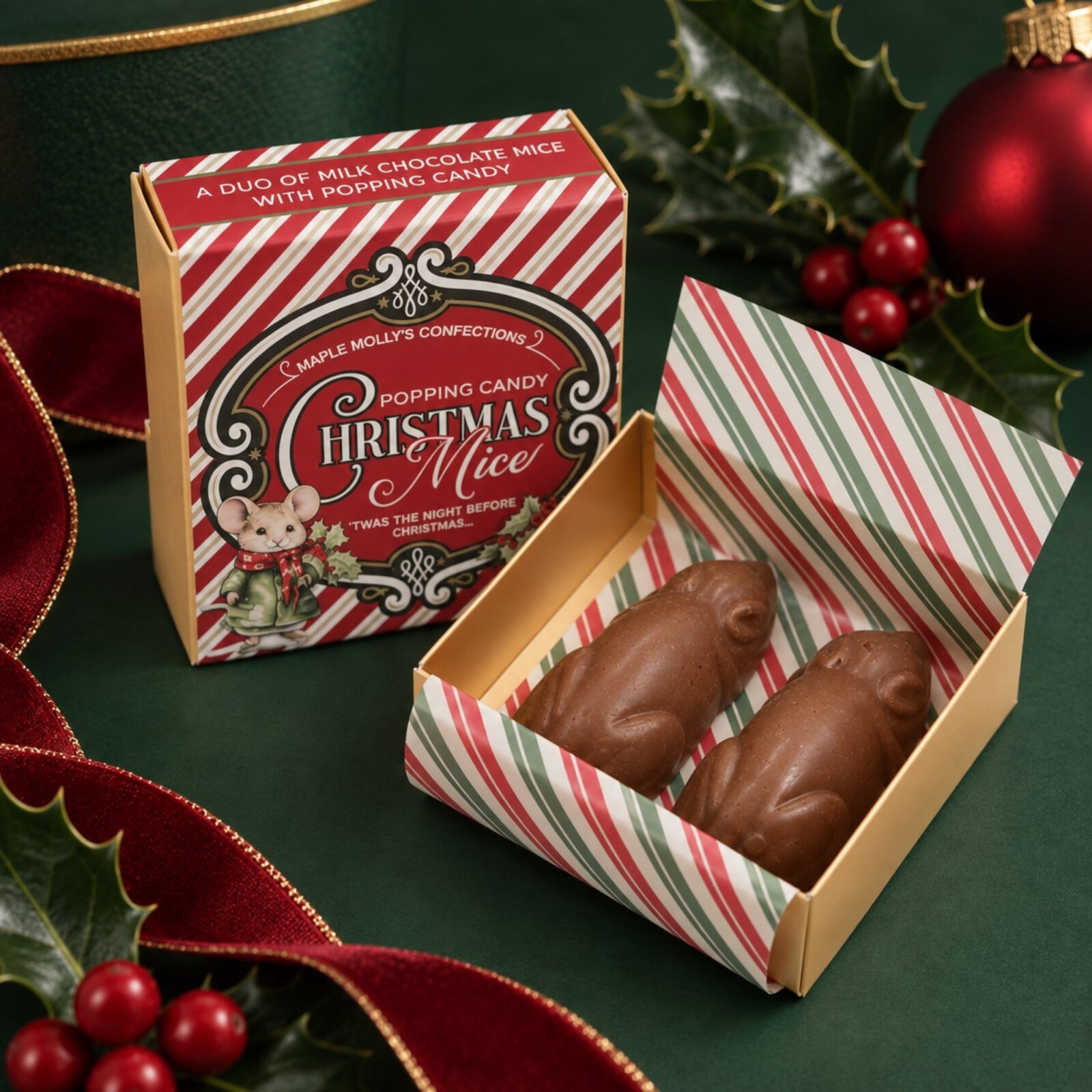 Milk chocolate mice with popping candy in a Christmas gift box