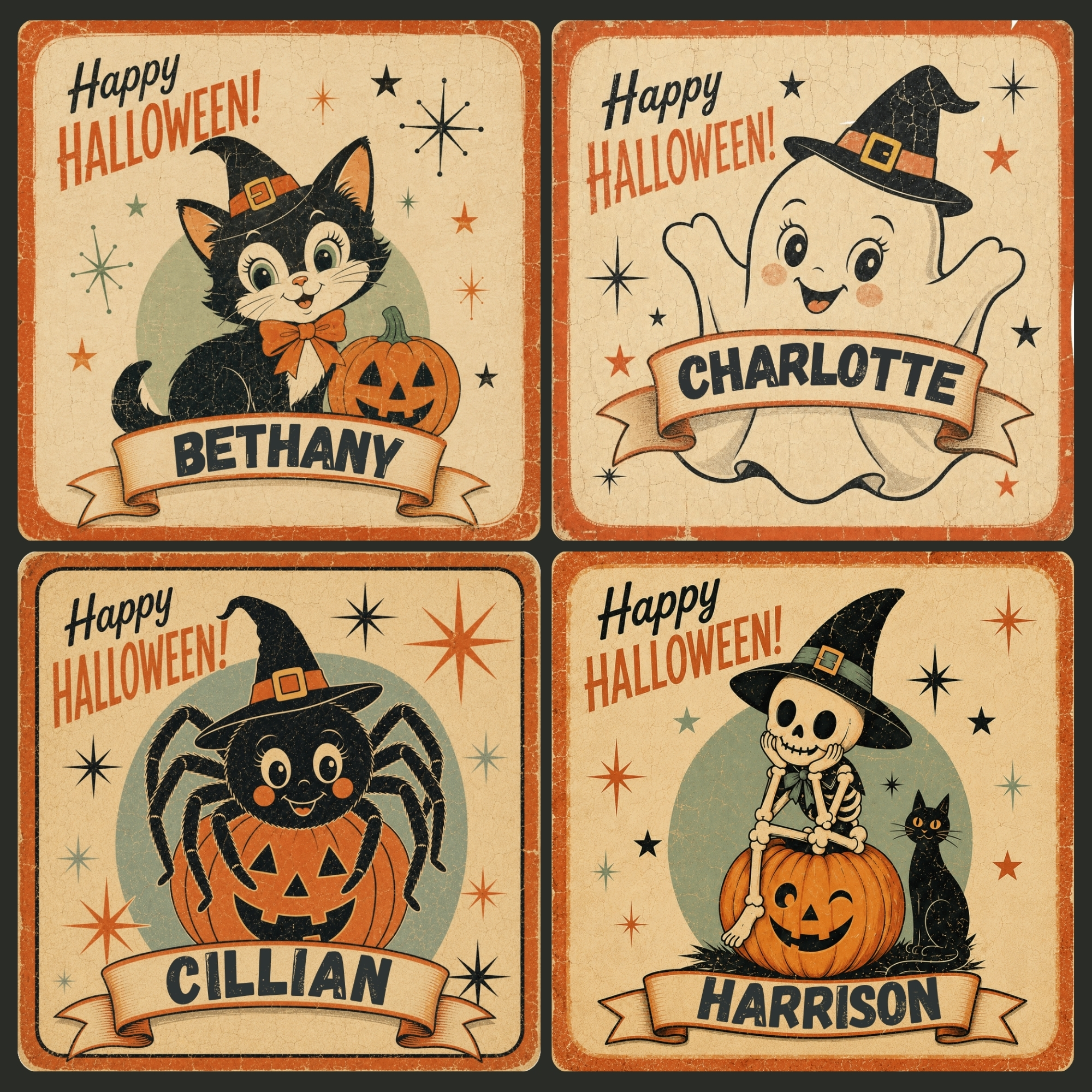 Milk chocolate lollipop topped with a vintage Halloween edible topper with personalised name.