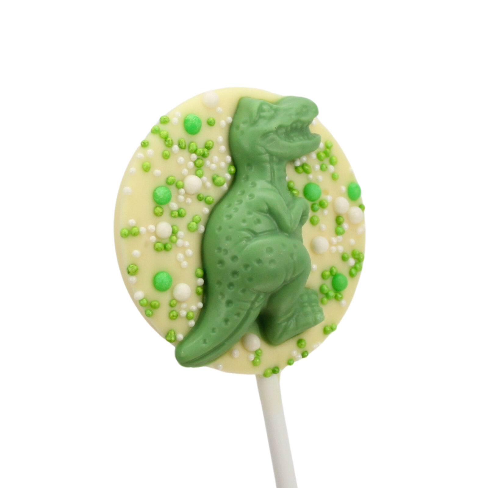 Milk or white chocolate lollipop, topped with a green chocolate dinosaur and sugar sprinkles