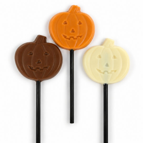 Halloween Pumpkin shaped lollipops in milk, white or orange chocolate