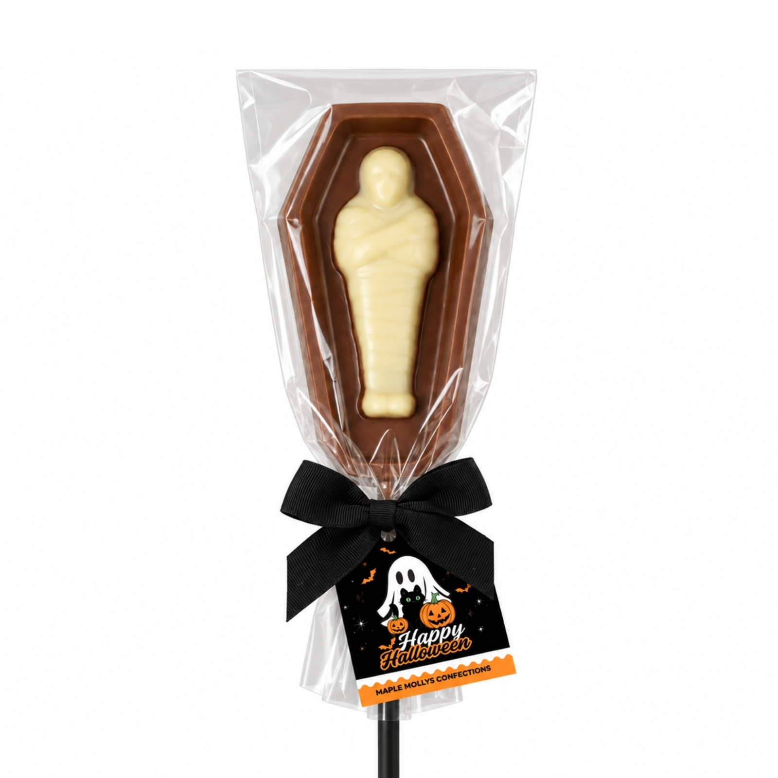 Milk and white chocolate coffin shaped lollipop with inset mummy