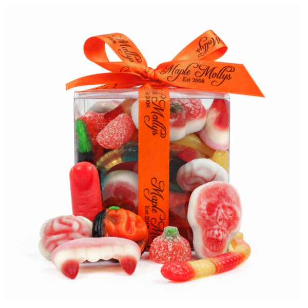 Square gift box filled with Halloween themed jellies.