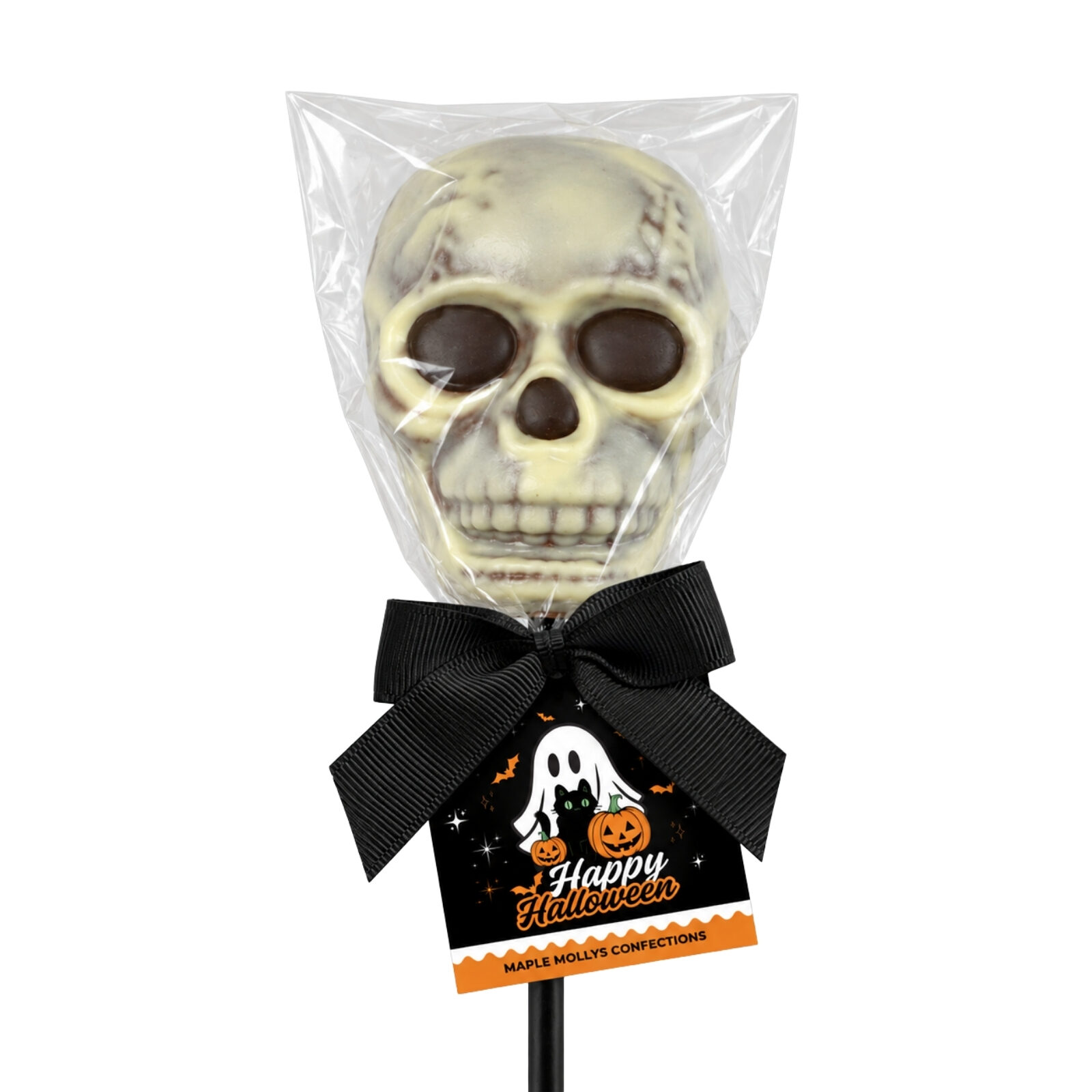 Milk and white chocolate skull shaped lollipop