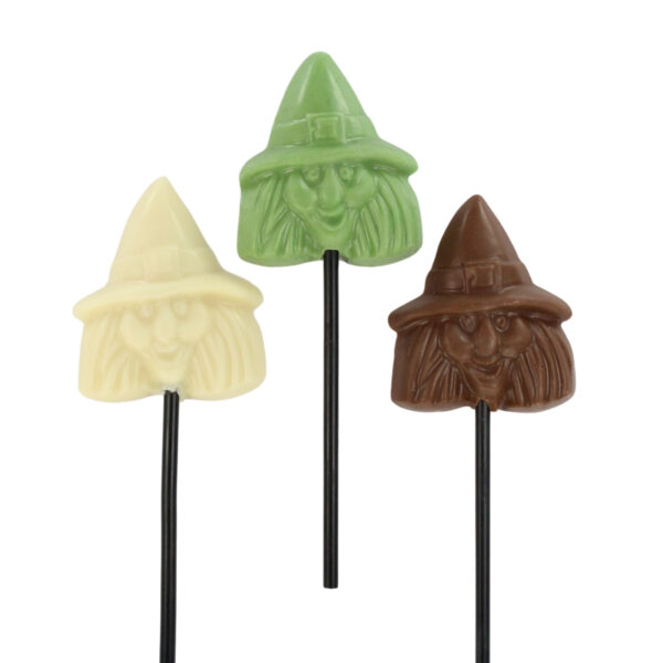 Halloween witch chocolate lollipops, in either milk, white, or green strawberry chocolate
