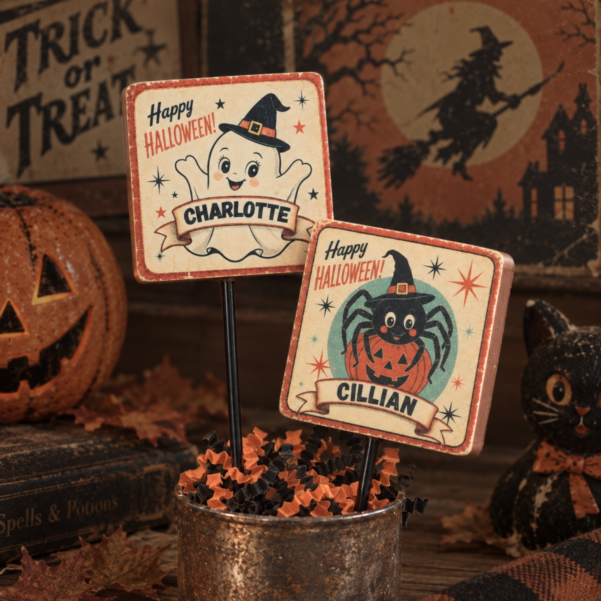 Milk chocolate lollipop topped with a vintage Halloween edible topper with personalised name.