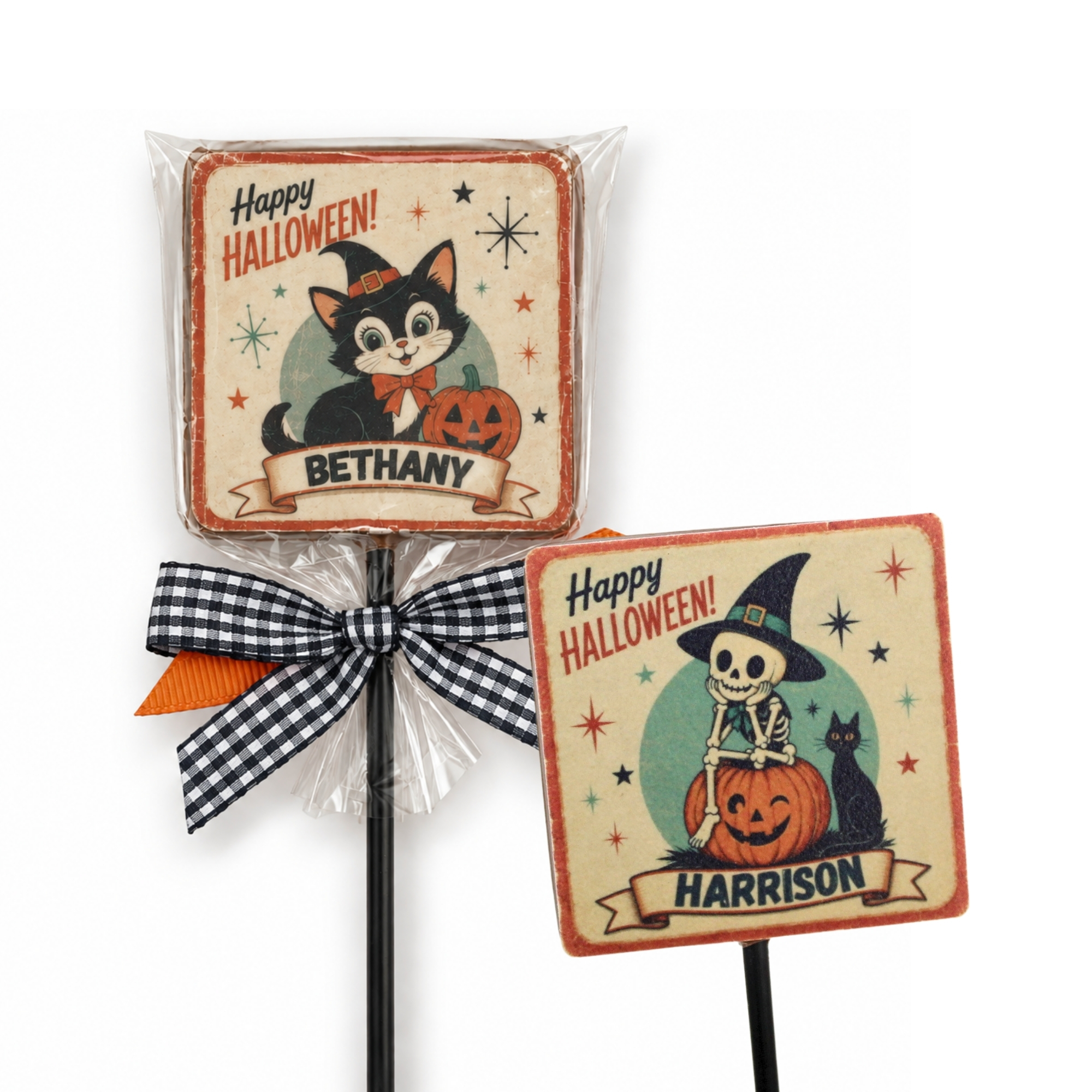 Milk chocolate lollipop topped with a vintage Halloween edible topper with personalised name.