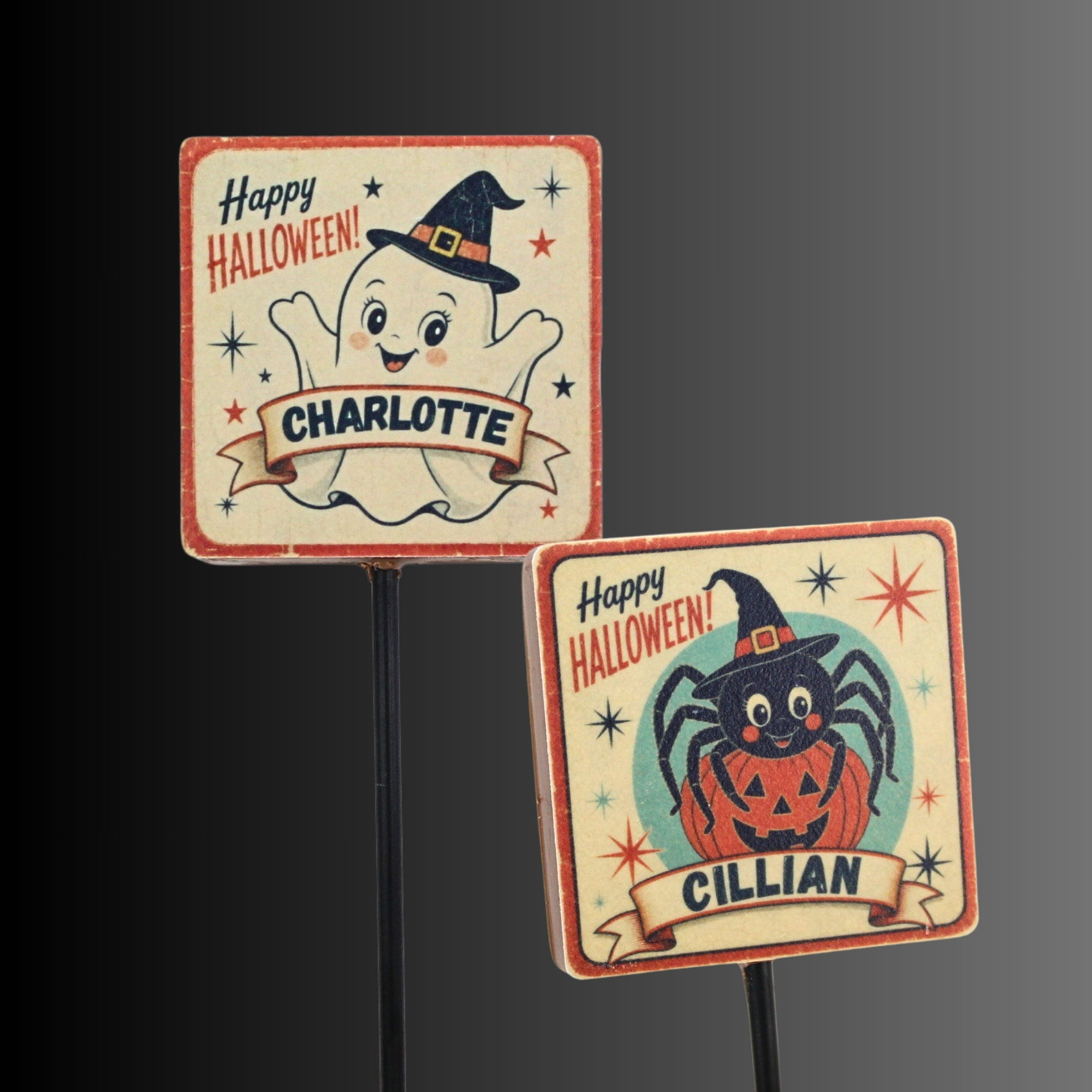 Milk chocolate lollipop topped with a vintage Halloween edible topper with personalised name.