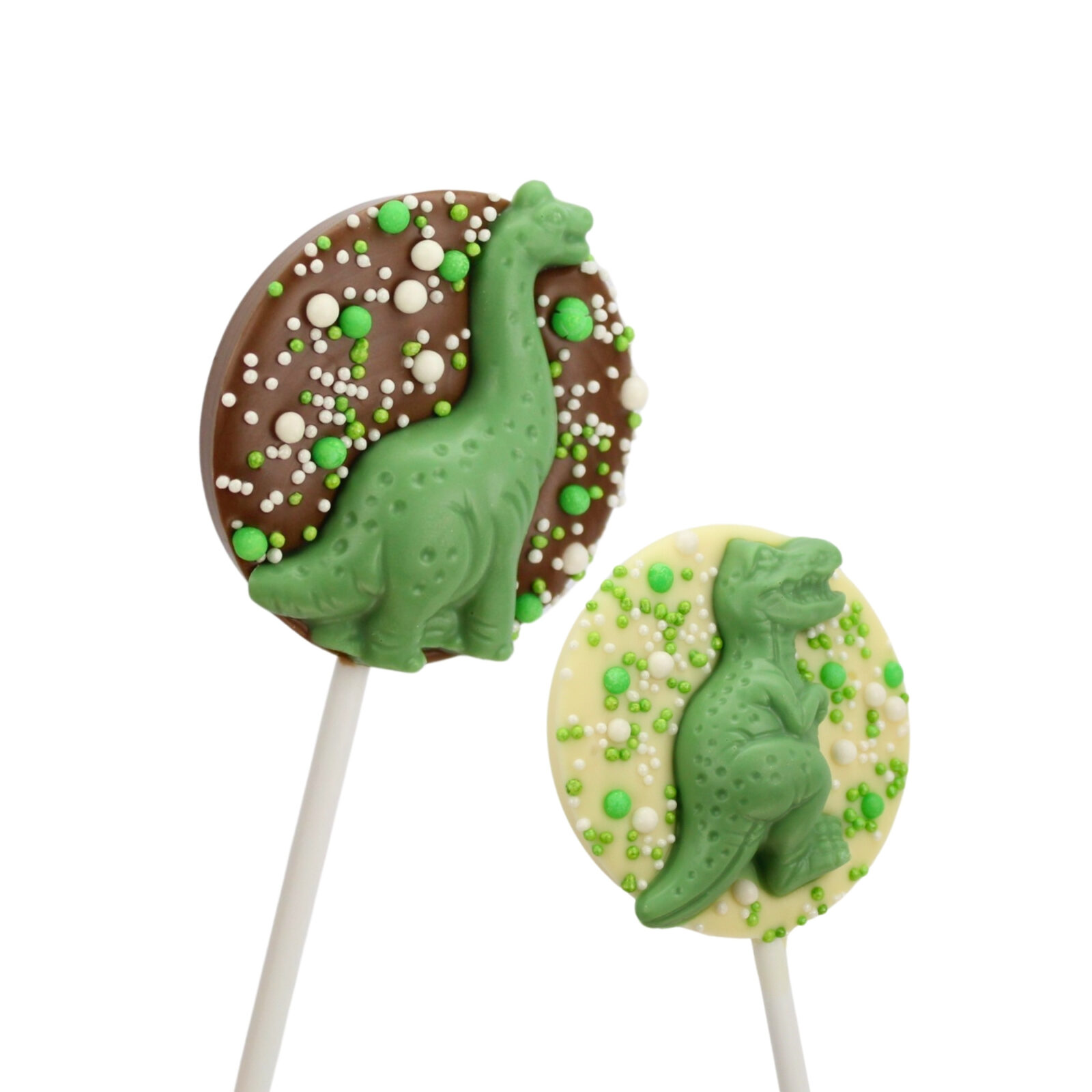 Milk or white chocolate lollipop, topped with a green chocolate dinosaur and sugar sprinkles