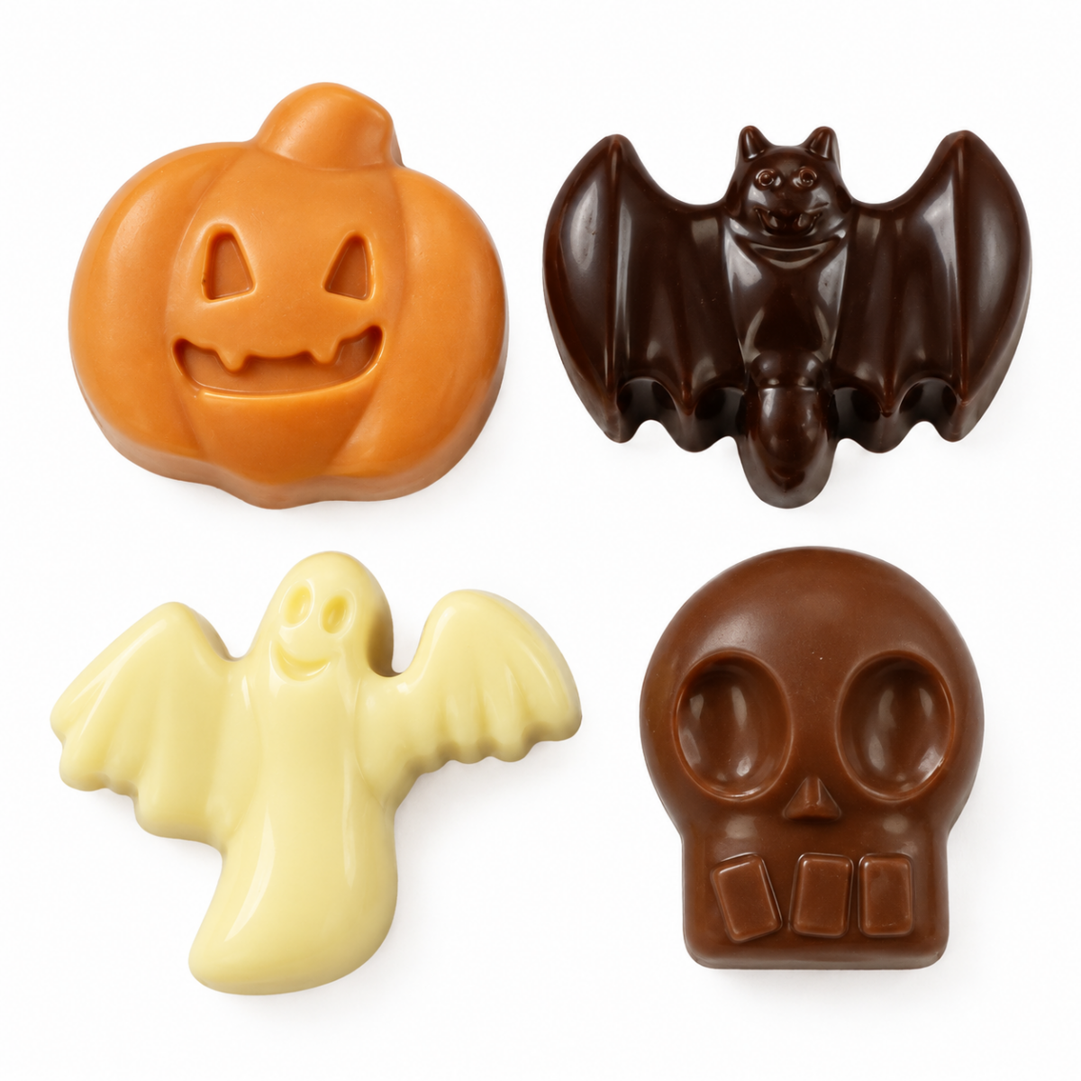 Halloween gift bag containing four Halloween chocolate shapes in milk, white, dark and orange chocolate