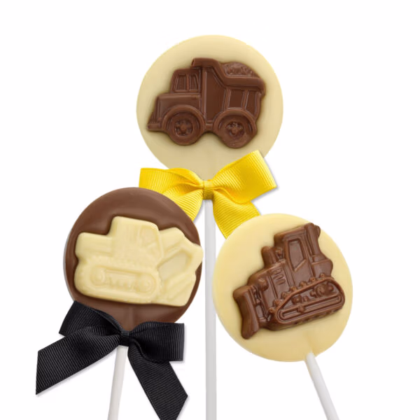 construction chocolate lollipops, round chocolate lollipops topped with a chocolate construction vehicle, digger, truck, dumper