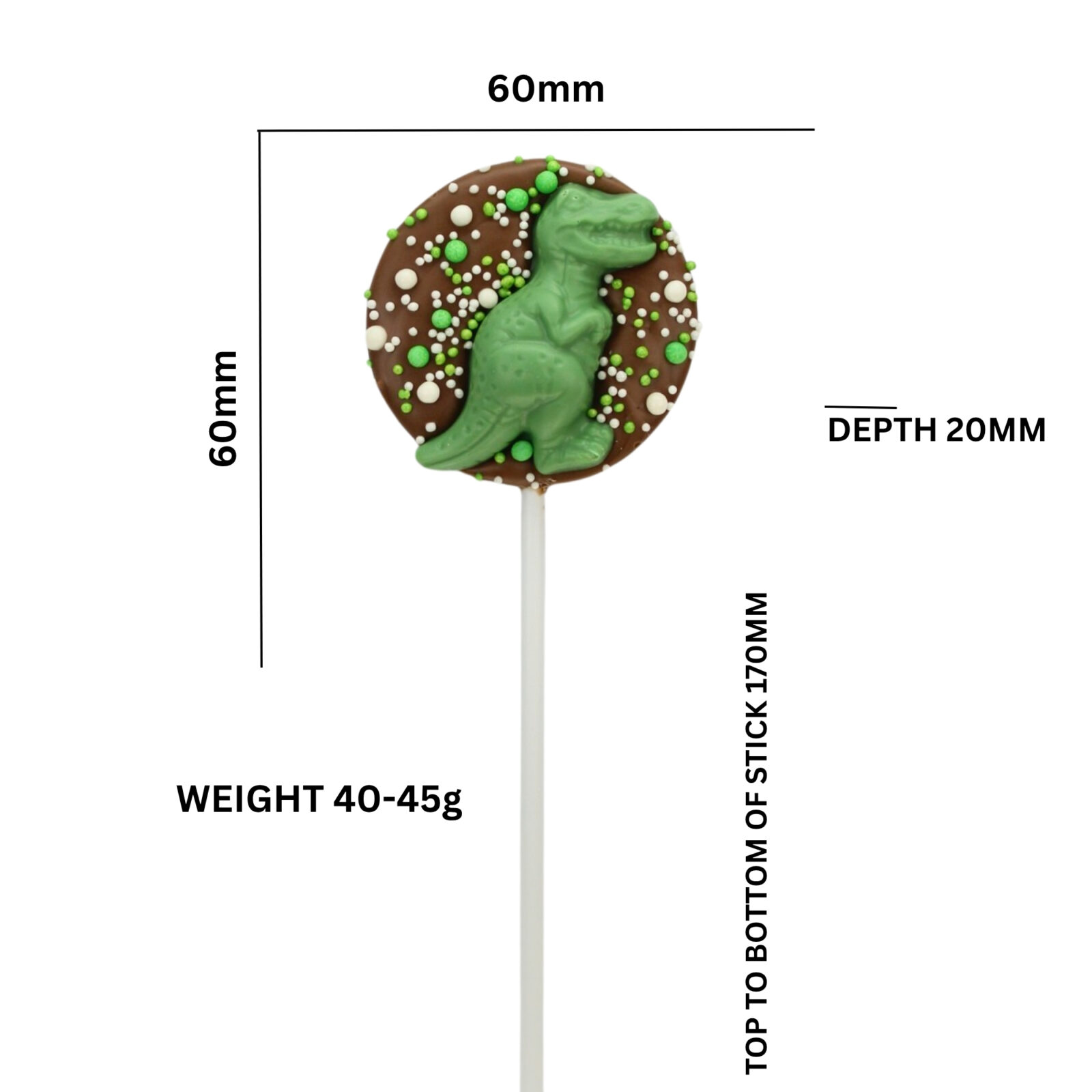 Milk or white chocolate lollipop, topped with a green chocolate dinosaur and sugar sprinkles