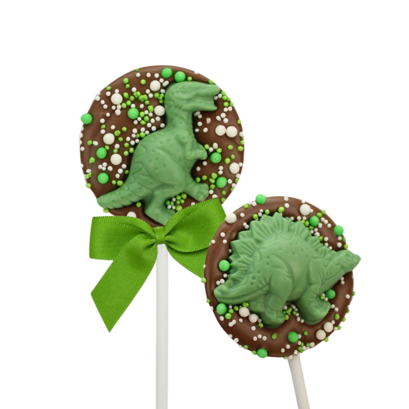 Milk or white chocolate lollipop, topped with a green chocolate dinosaur and sugar sprinkles