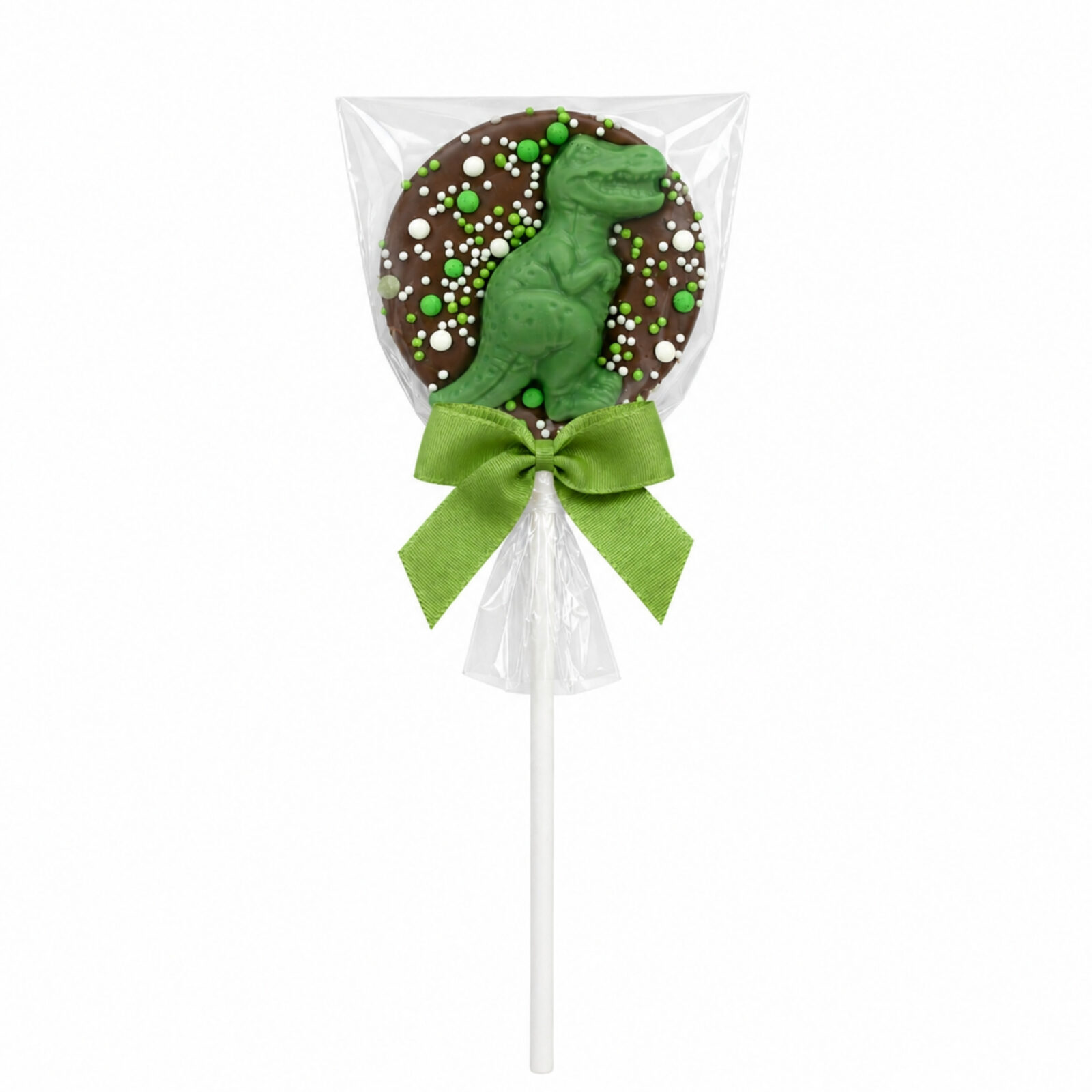 Milk or white chocolate lollipop, topped with a green chocolate dinosaur and sugar sprinkles