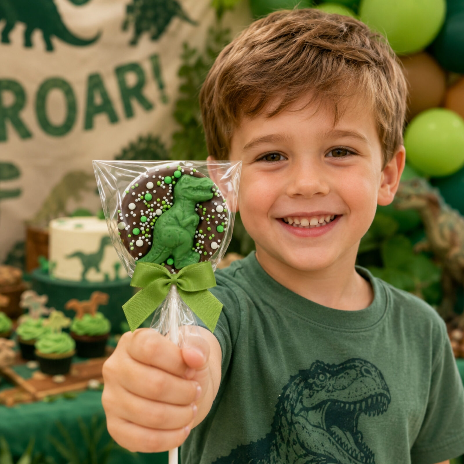 Milk or white chocolate lollipop, topped with a green chocolate dinosaur and sugar sprinkles
