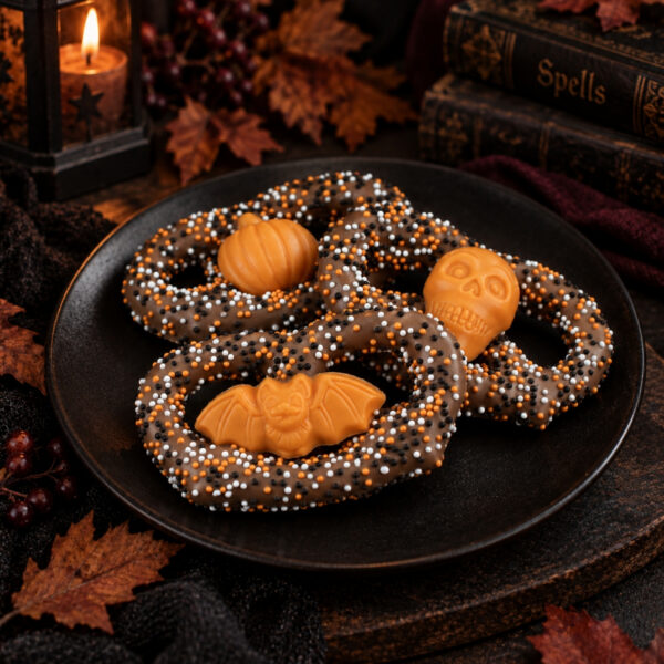 Milk chocolate covered pretzel topped with a orange chocolate Halloween motif and sugar sprinkles.