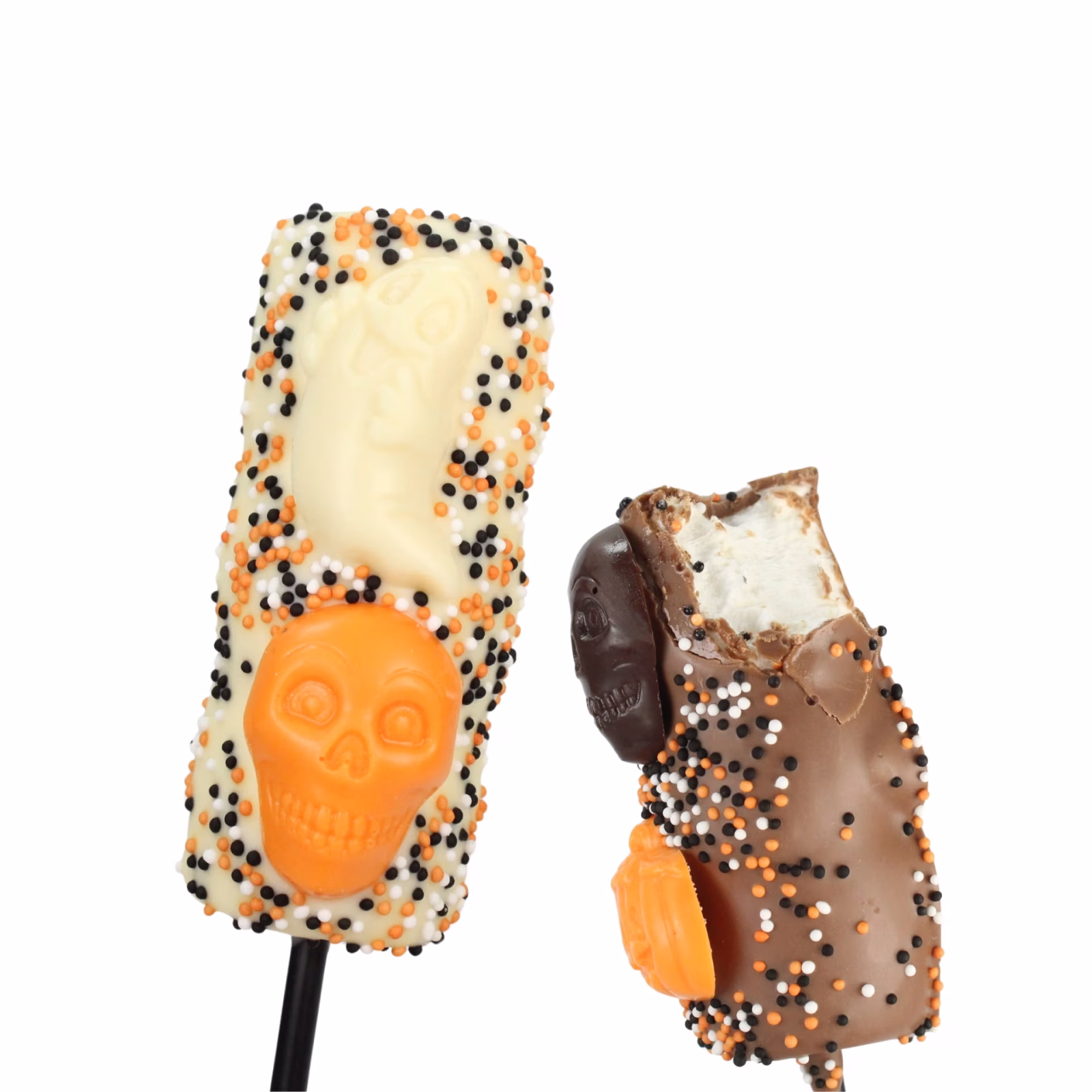 Milk or white chocolate marshmallows topped with Halloween chocolate motifs and sugar sprinkles