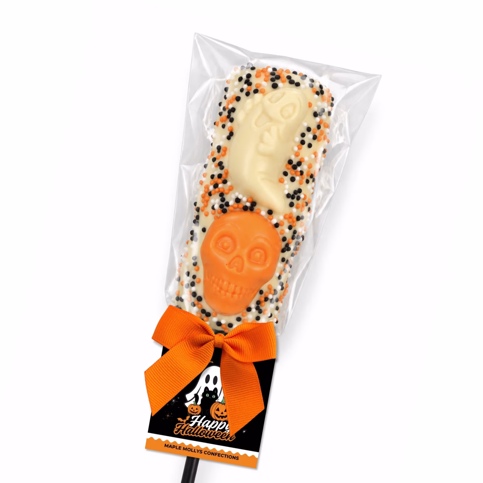Milk or white chocolate marshmallows topped with Halloween chocolate motifs and sugar sprinkles