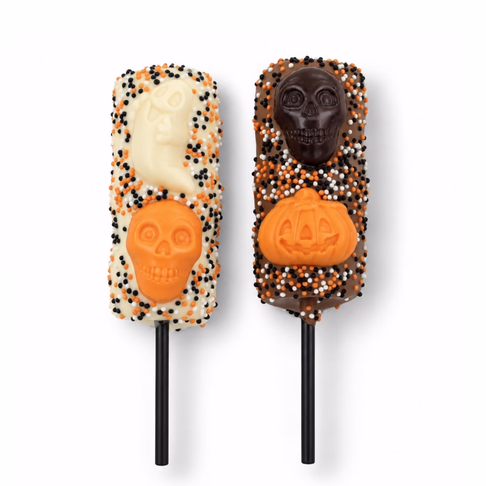 Milk or white chocolate marshmallows topped with Halloween chocolate motifs and sugar sprinkles