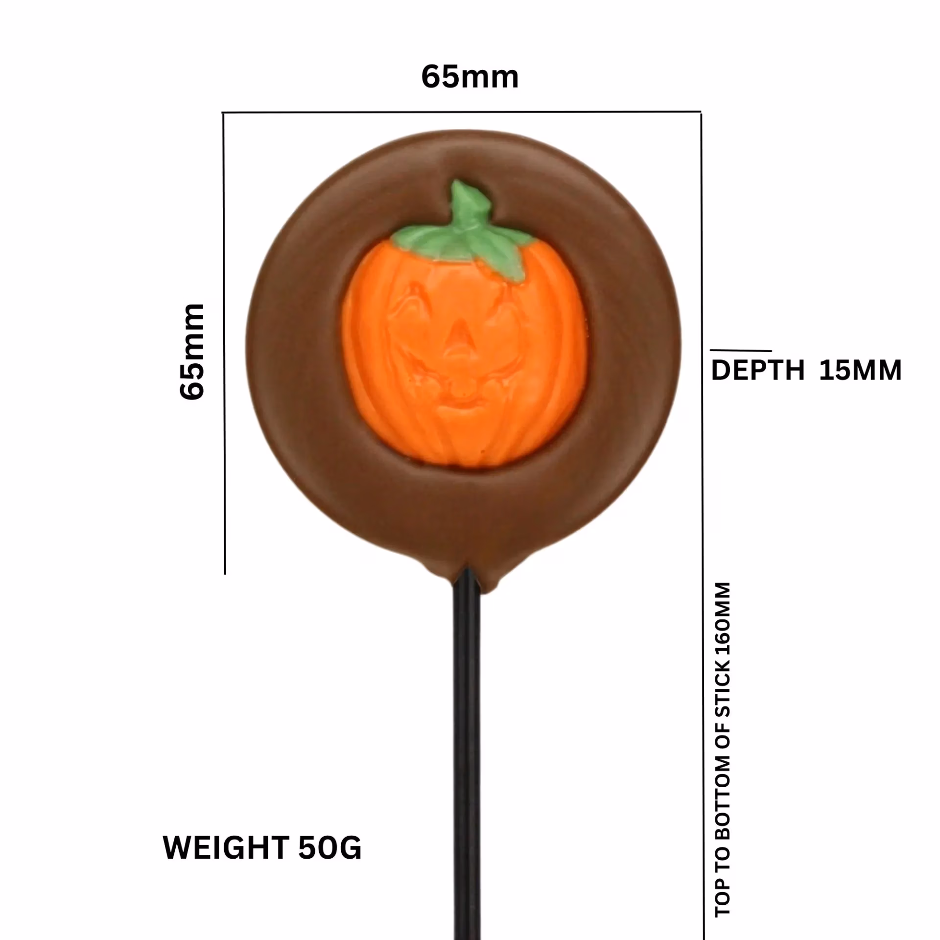Milk chocolate lollipop, topped with an orange chocolate pumpkin