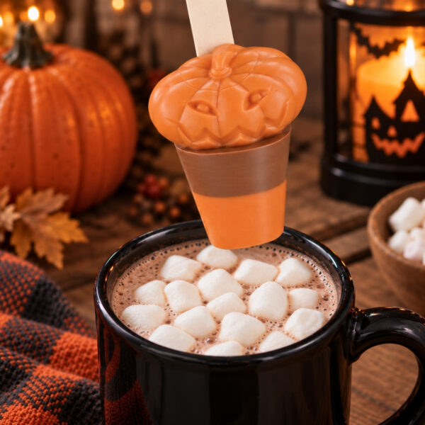 Milk and orange flavoured hot chocolate spoon with mini marshmallows.