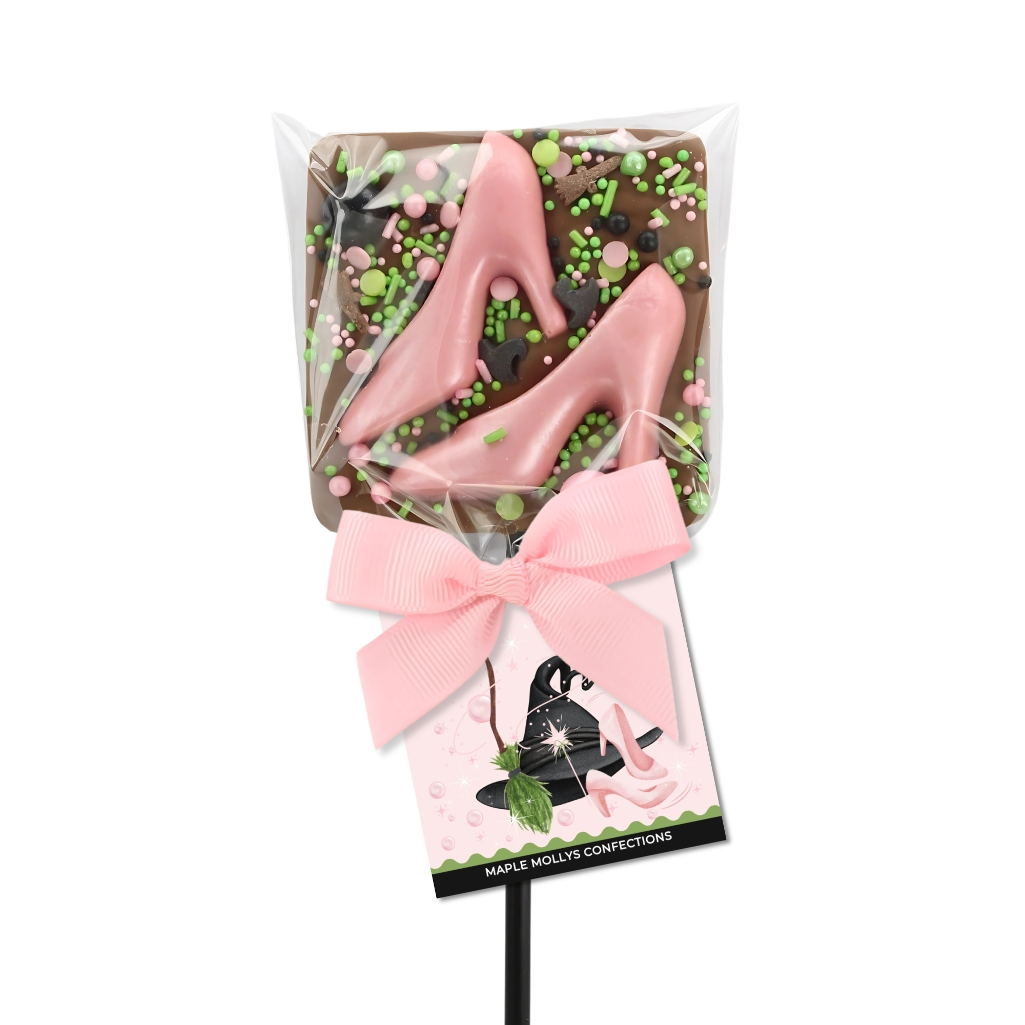 Milk chocolate lollipop topped with a witches hat or pink shoes and sugar sprinkles