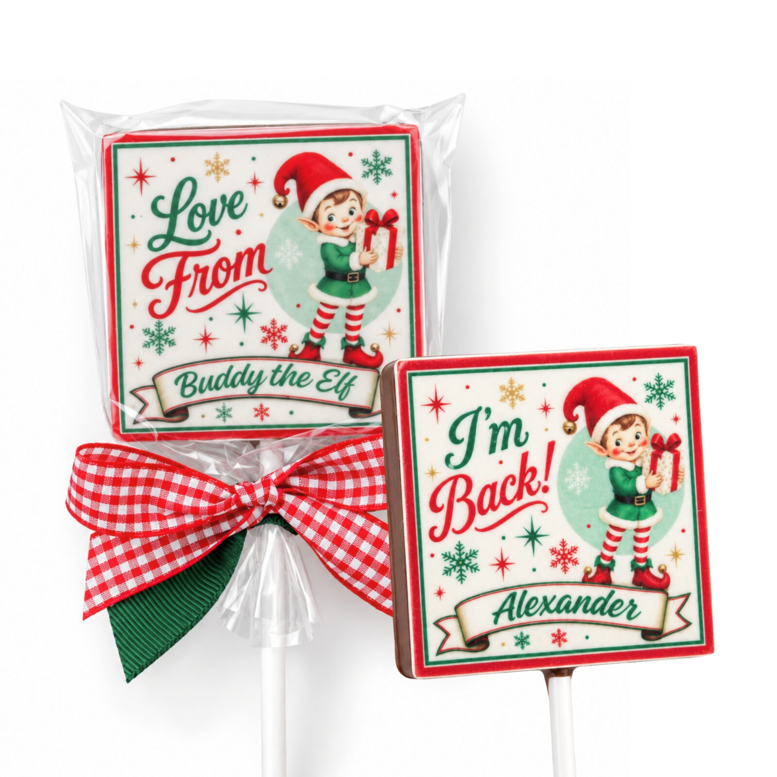 Personalised elf chocolate lollipops